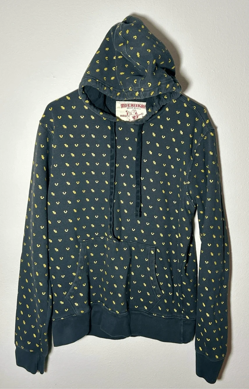 TRUE RELIGION Men's TR Black Monogram Pullover Sweatshirt Hoodie Size Medium
